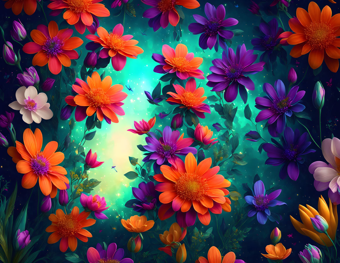 Colorful Floral and Nebula Background with Light Specks