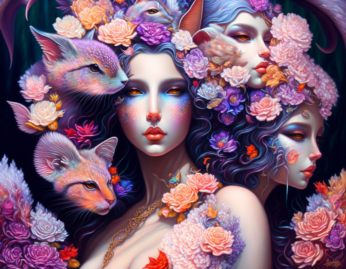 Vibrant Artwork: Ethereal Women, Foxes, Pink & Purple Flowers
