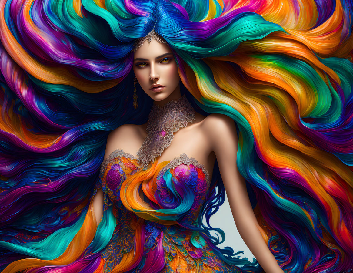 Colorful illustration: Woman with multicolored hair & ornate dress