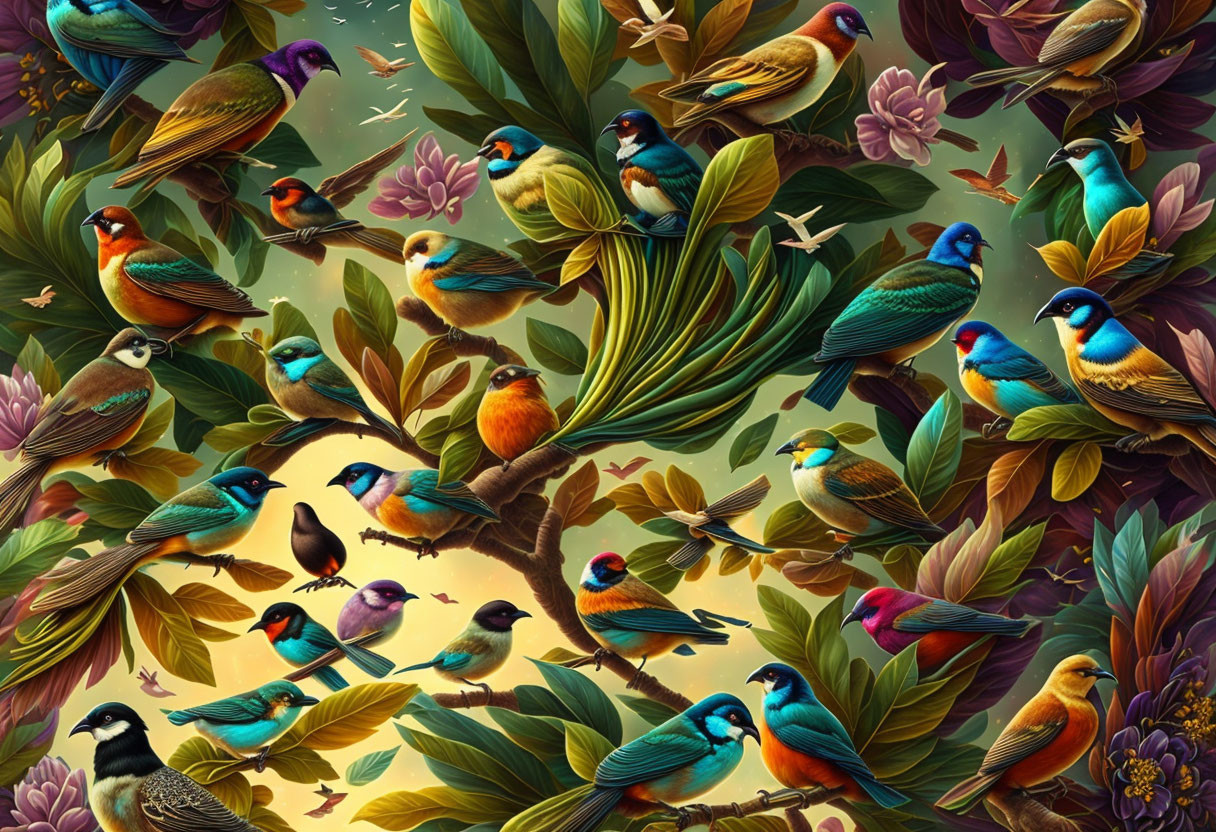 Colorful Birds Among Lush Foliage and Flowers in Tropical Setting