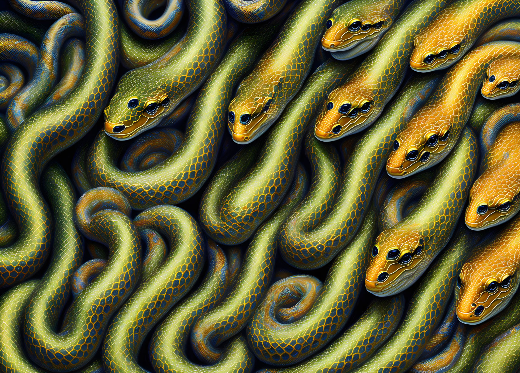Vibrant golden snakes with intricate scale patterns intertwined