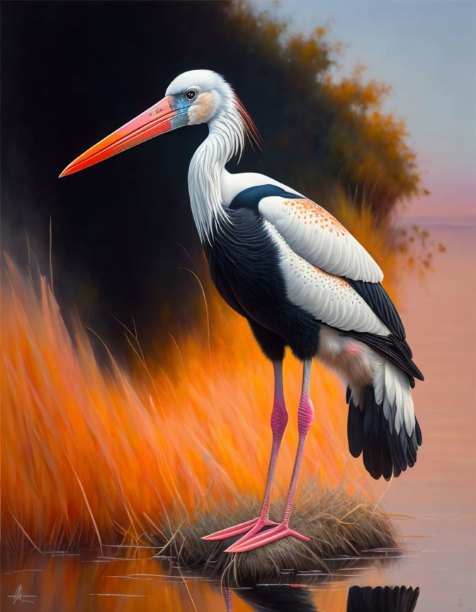 Stork in tall grass by water at dawn or dusk