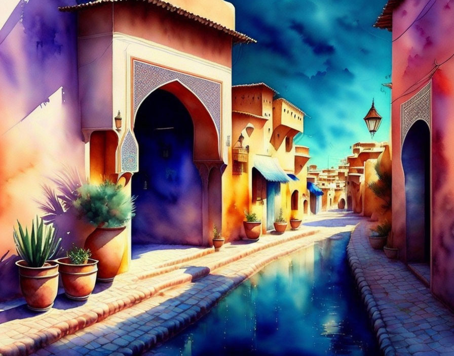 Serene Middle-Eastern Town Alleyway Watercolor Art