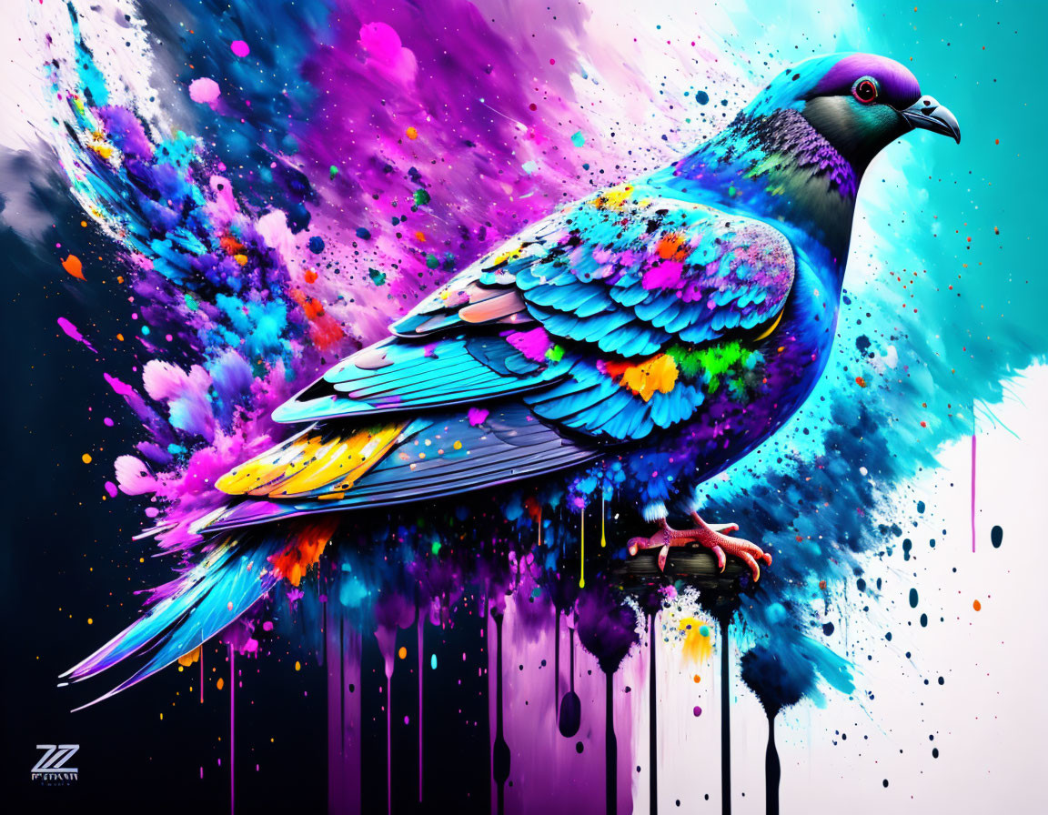 Colorful Digital Artwork: Pigeon in Dynamic Paint Splashes