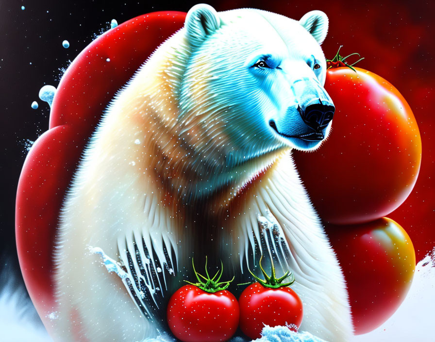 Surreal polar bear illustration with red tomatoes in cosmic setting