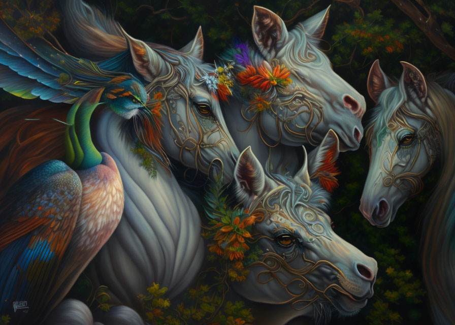 Artwork featuring three horses with botanical designs and a blue and orange bird