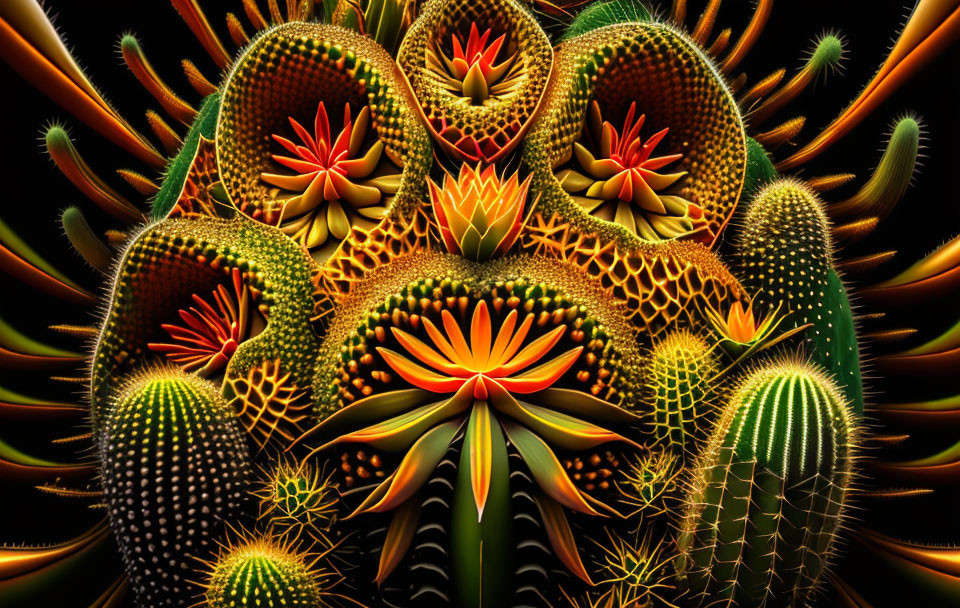 Colorful digital artwork: Glowing cacti on dark background
