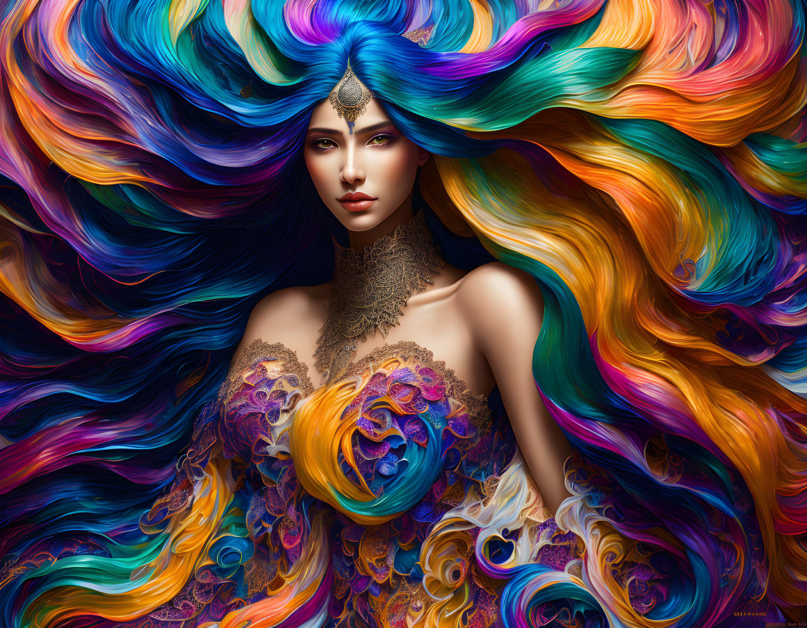 Colorful digital artwork of a woman with vibrant, flowing hair and ornate attire.