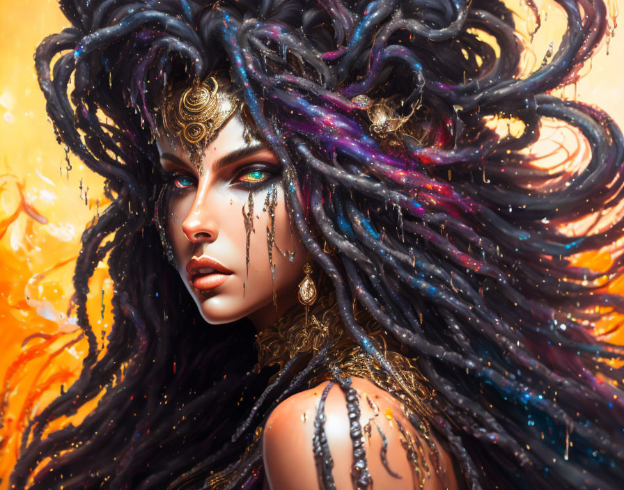 Dark-haired woman with gold accessories and vibrant makeup against fiery abstract backdrop