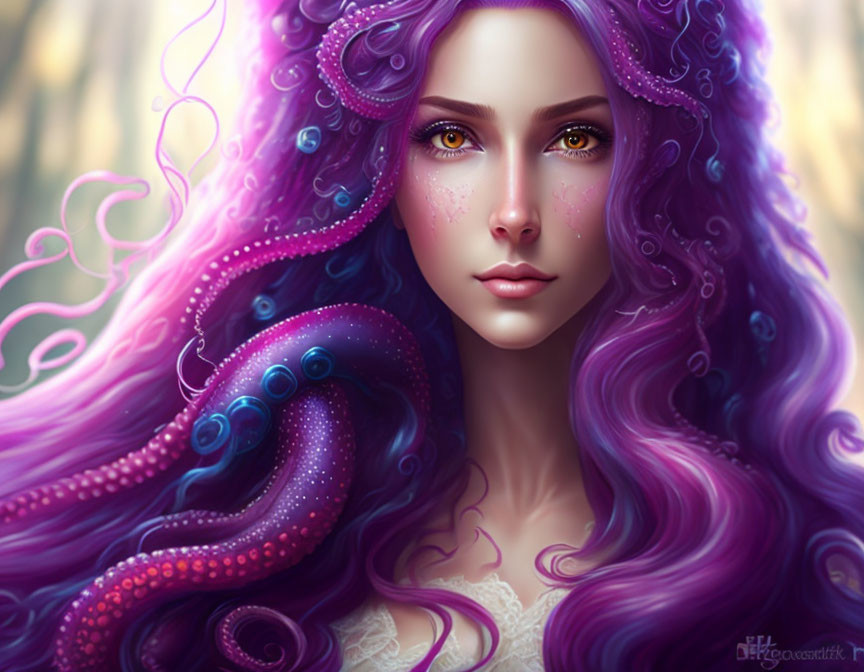 Vibrant violet hair blending into octopus tentacles in a fantasy portrait