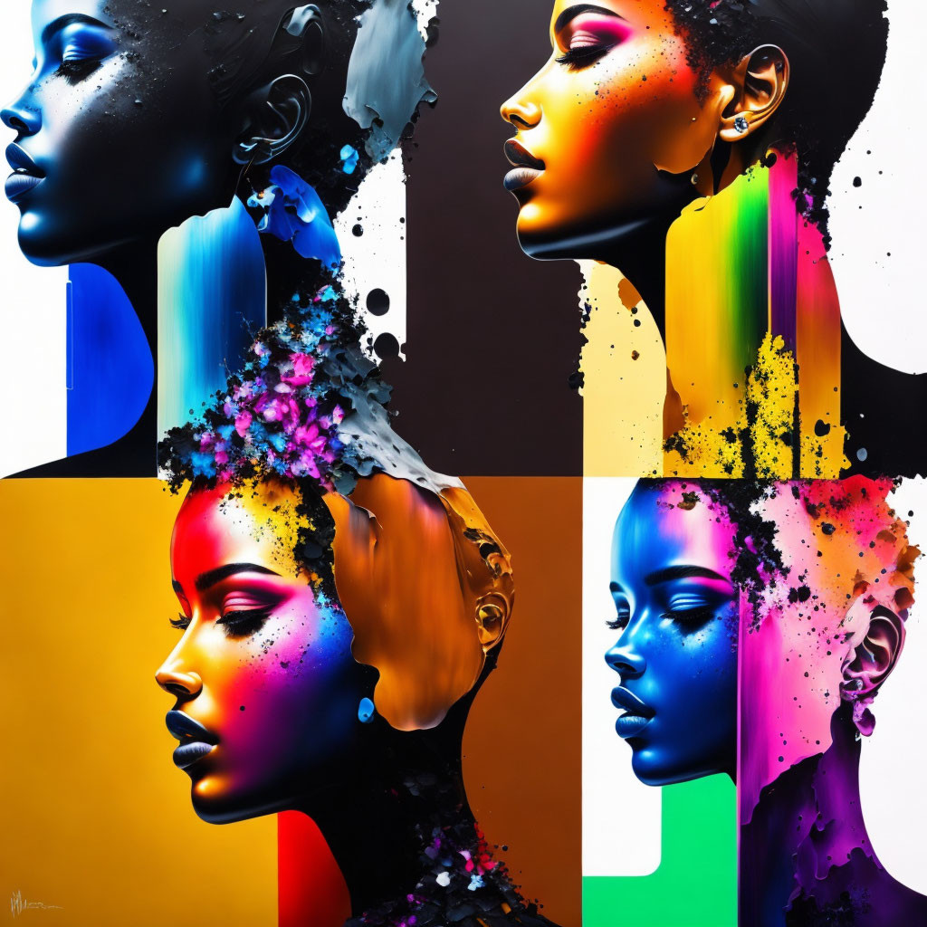 Vibrant multicolored paint portraits of a woman against solid backgrounds