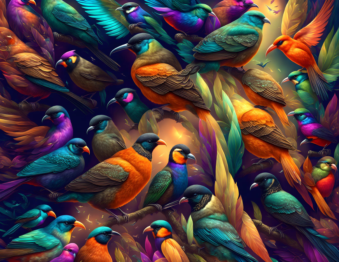 Colorful digital artwork: stylized birds in lush foliage