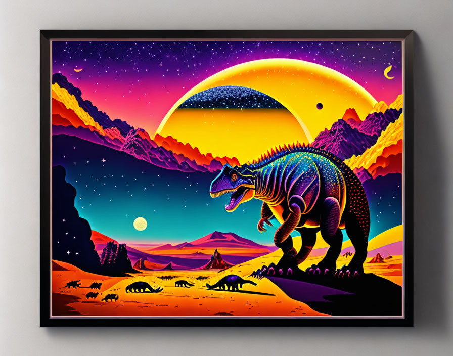 Colorful Stylized Dinosaur Artwork with Surreal Sunset Backdrop
