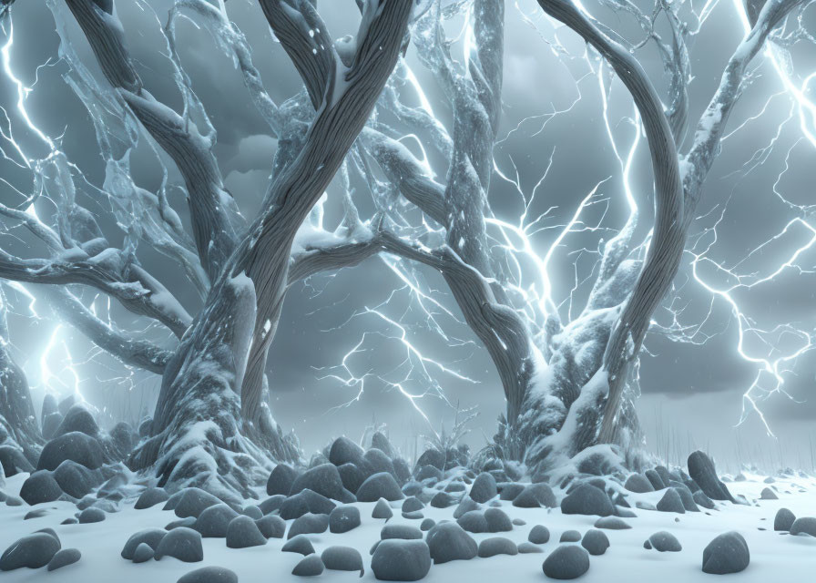 Winter landscape with twisted trees, snow-covered ground, and lightning storm.