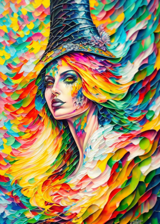 Vibrant Rainbow-Hued Portrait with Witch's Hat on Multicolored Background