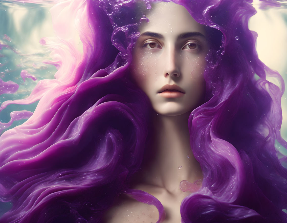 Surreal portrait of woman with flowing purple hair in water