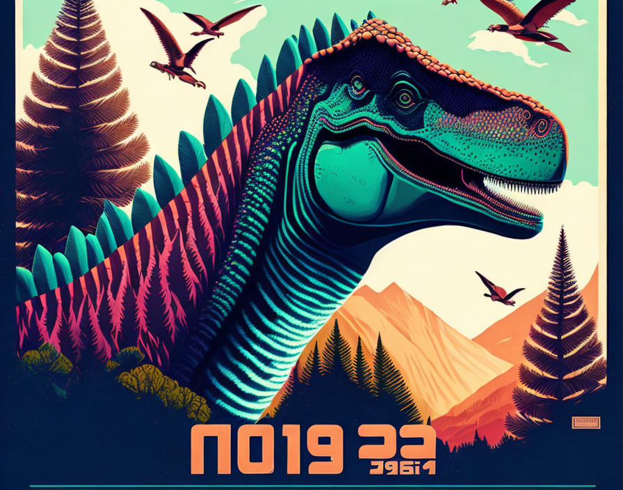 Colorful Stylized Dinosaur Poster with Vibrant Landscape Illustration