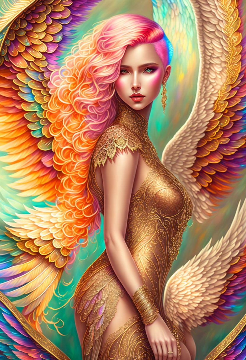 Colorful illustration: Woman with pink hair and golden attire, encircled by swirling feathers.
