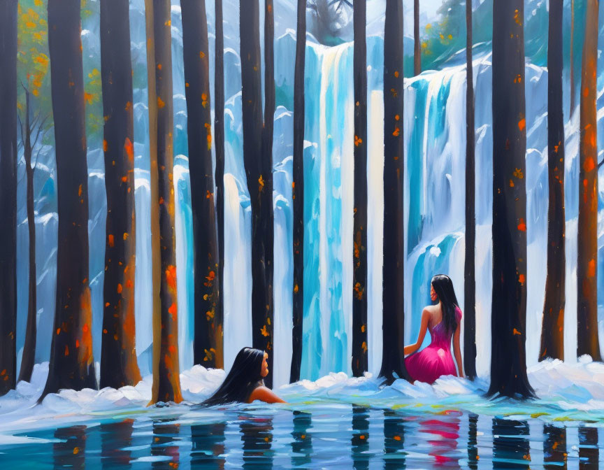Forest Pool Painting: Two Figures by Waterfall & Snowy Trees