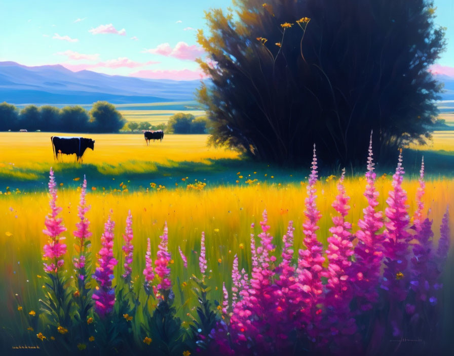 Serene field with purple flowers, grazing cows, and distant mountains
