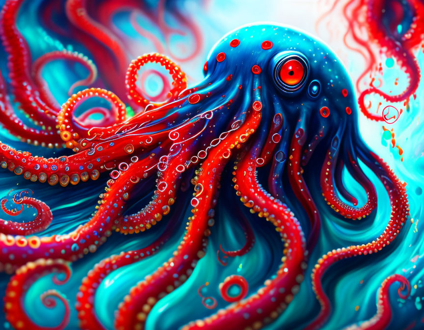 Colorful digital artwork of octopus with blue and red hues and intricate patterns.