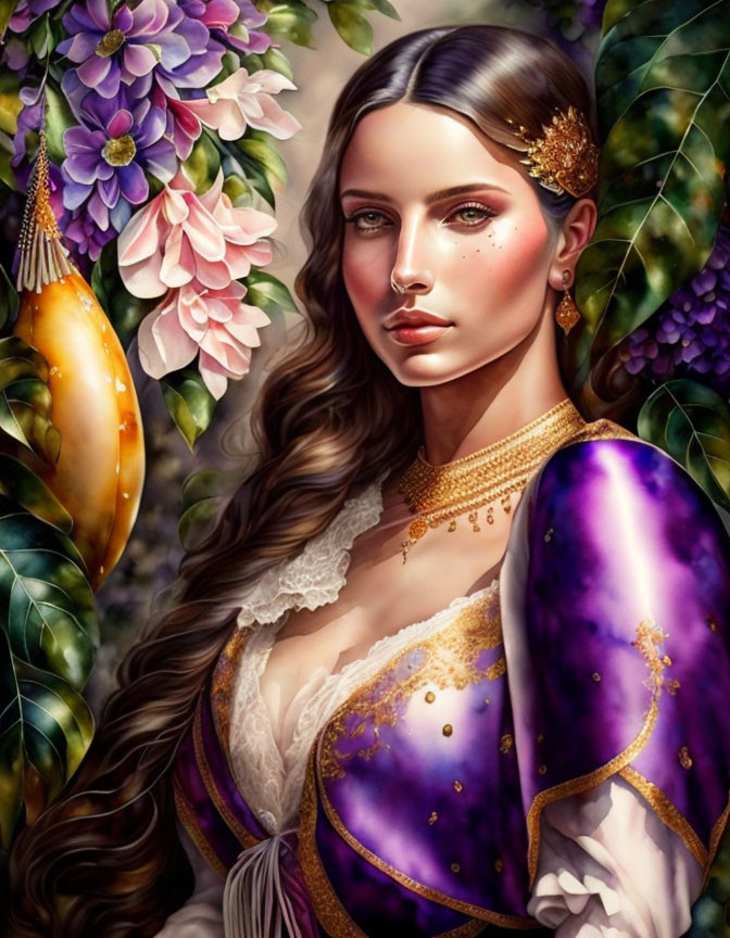 Detailed Illustration: Woman with Long Brown Hair in Purple & Gold Medieval Dress