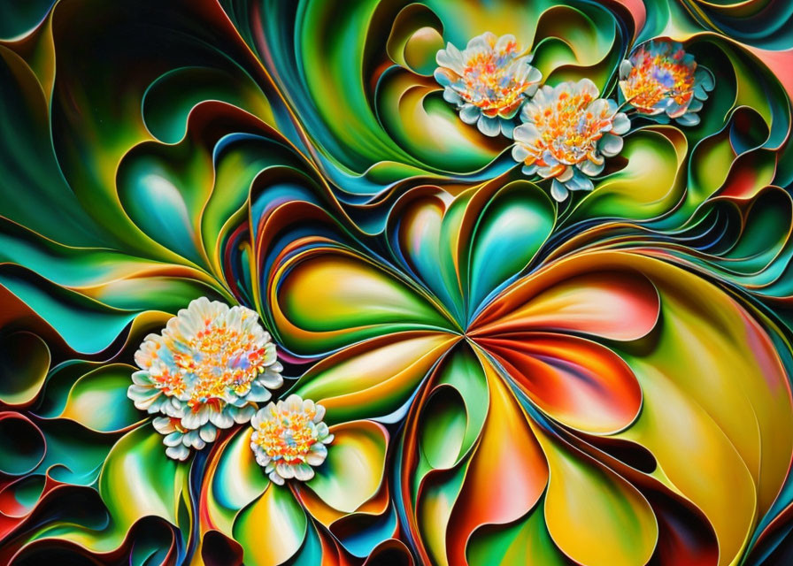 Colorful Abstract Art with Swirling Green, Blue, and Orange Patterns