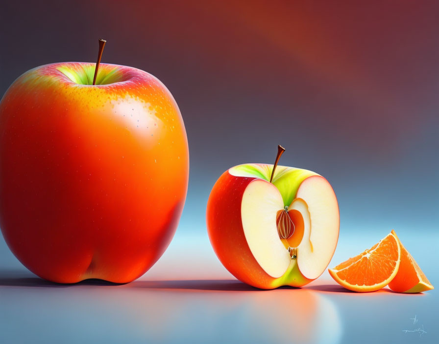 Red Apple, Sliced Apple, and Orange Segment on Gradient Background