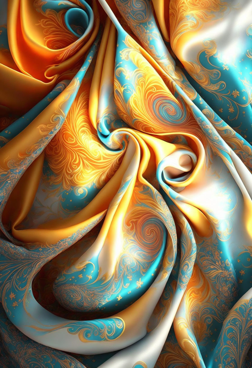 Golden and Blue Swirl Pattern Fabric: Luxurious, Silky Texture