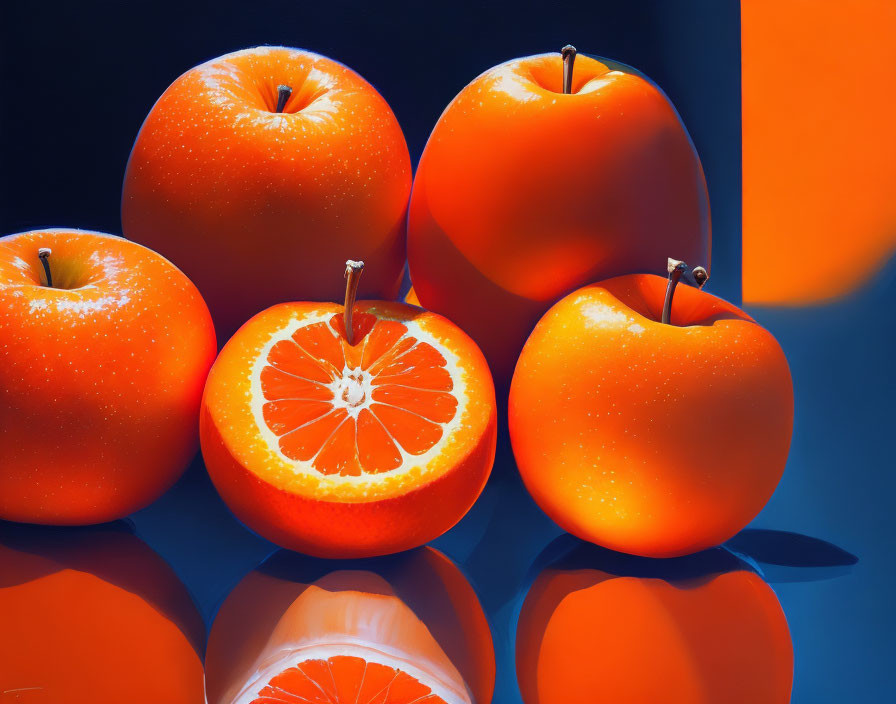 Fresh oranges on reflective surface against dual-tone background
