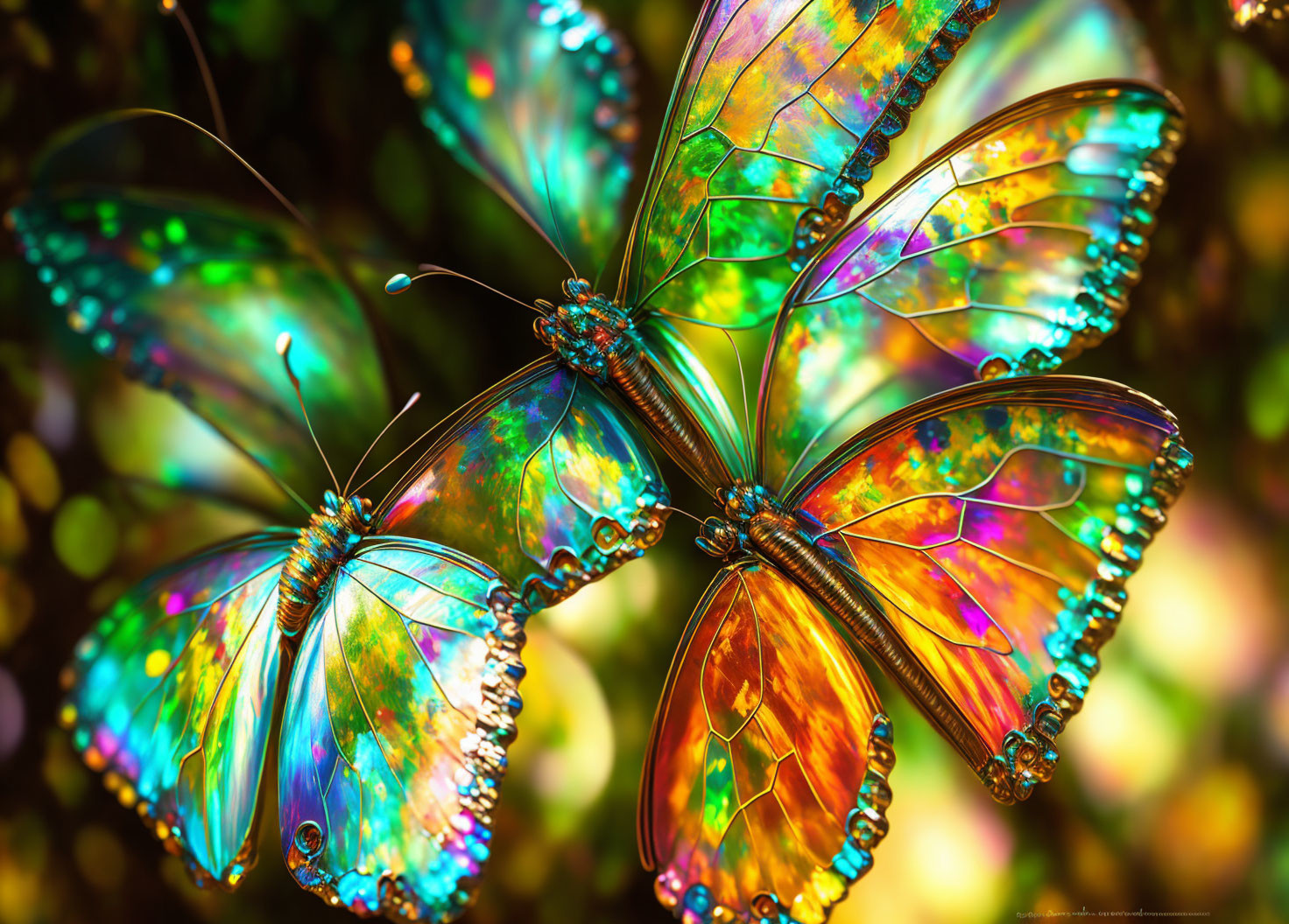 Colorful iridescent butterflies on warm bokeh background