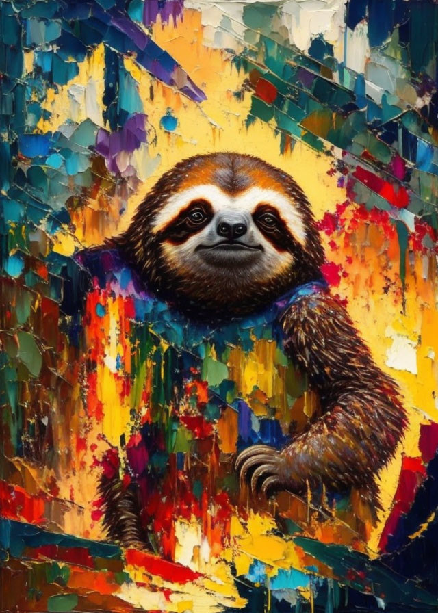 Colorful Sloth Painting with Vibrant Textured Background