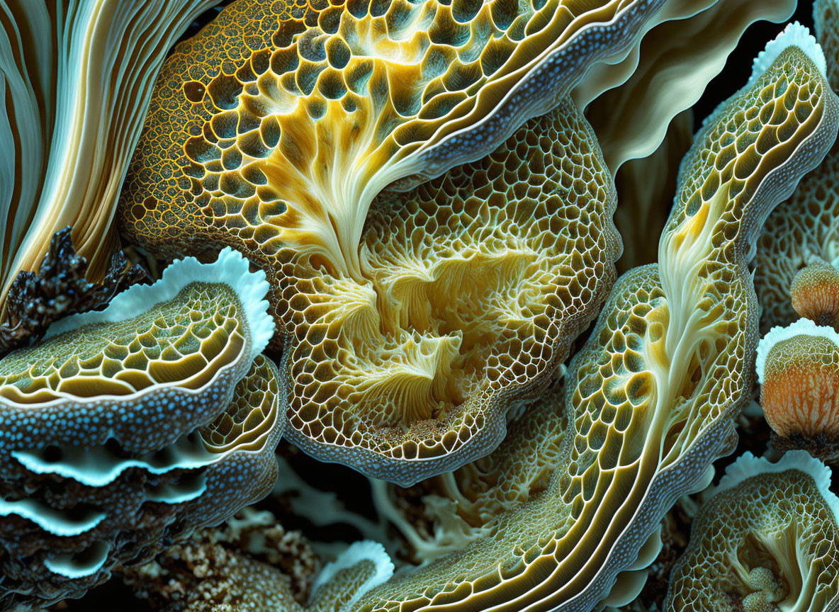 Detailed Close-Up of Vibrant Fractal Art in Blue and Golden Tones
