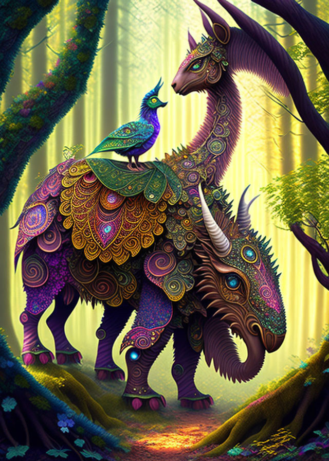 Colorful Dragon-Like Creature with Peacock Features in Enchanted Forest