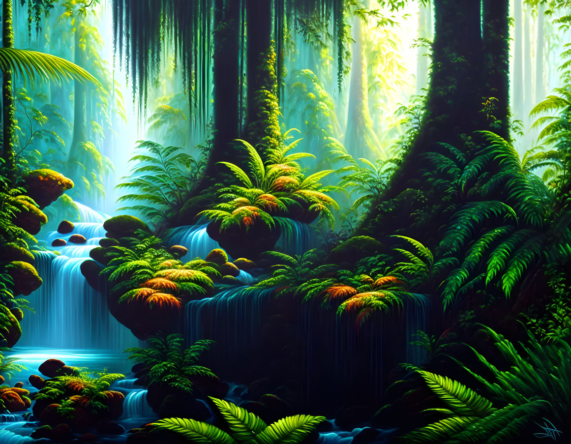 Lush forest scene with waterfalls, dense foliage, and light beams