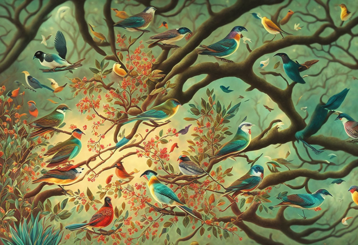 Colorful Birds Perched on Tree Branches with Red Berries and Green Foliage