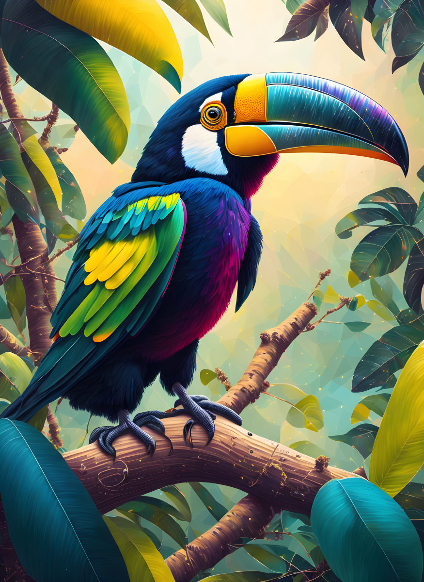 Colorful toucan perched on branch in vibrant digital artwork