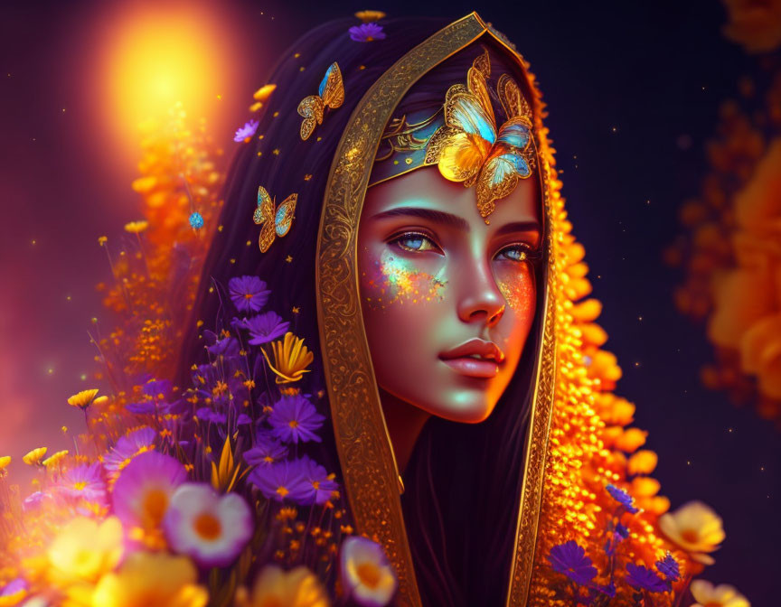 Woman with Golden Adornments Surrounded by Vibrant Flowers