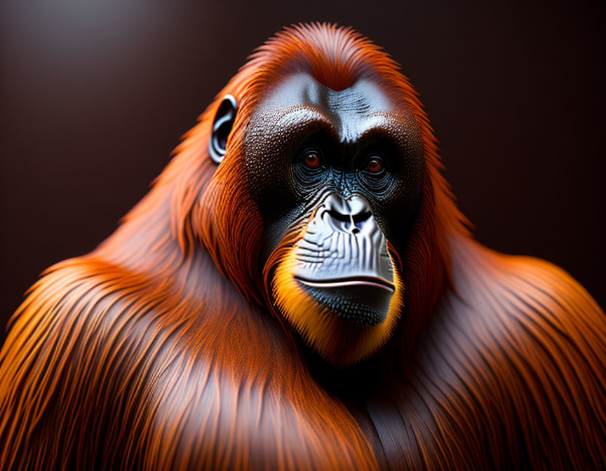 Vibrantly colored orangutan with deep, introspective eyes