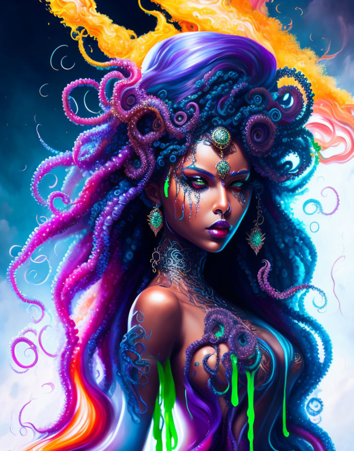 Fantasy digital art: Octopus-haired woman in purple and blue with colorful aura