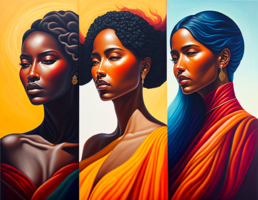 Colorful Stylized Portraits of Women with Striking Features and Flowing Hair