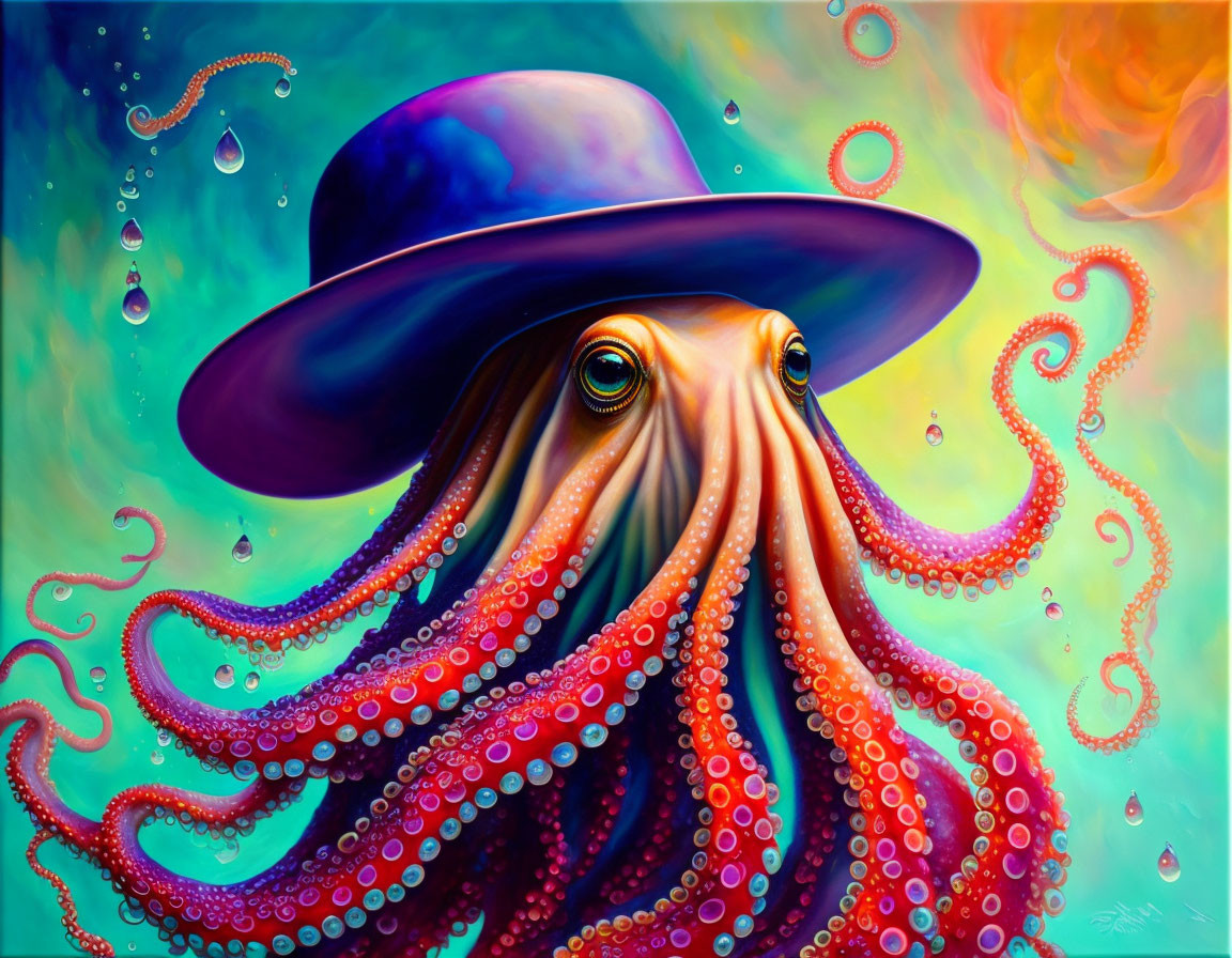 Colorful Octopus with Purple Hat in Whimsical Underwater Scene