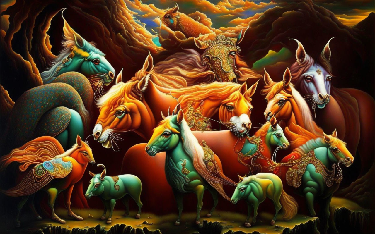 Colorful Artwork: Stylized Horses in Green and Orange on Fiery Landscape
