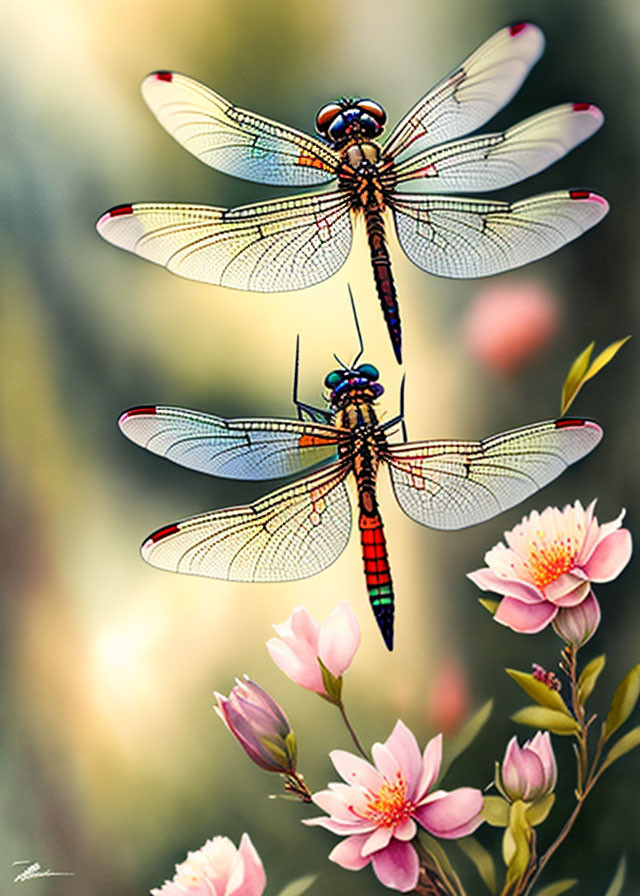 Dragonflies Resting on Twigs Among Pink Flowers in Soft-focus Scene