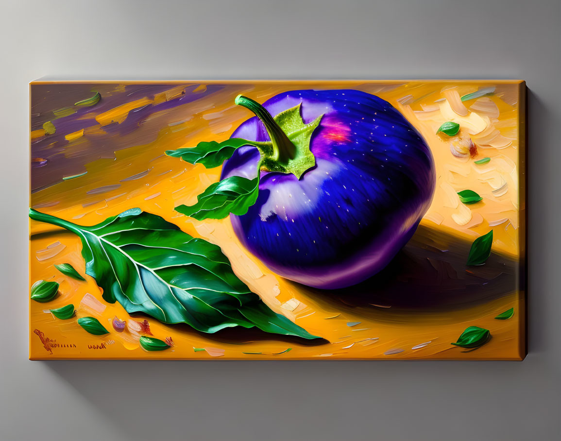 Colorful abstract painting of eggplant with leaf on vibrant background