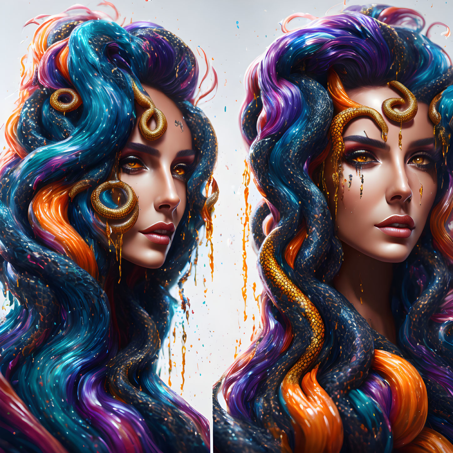 Stylized digital portraits of a woman with galaxy hair and golden snake.