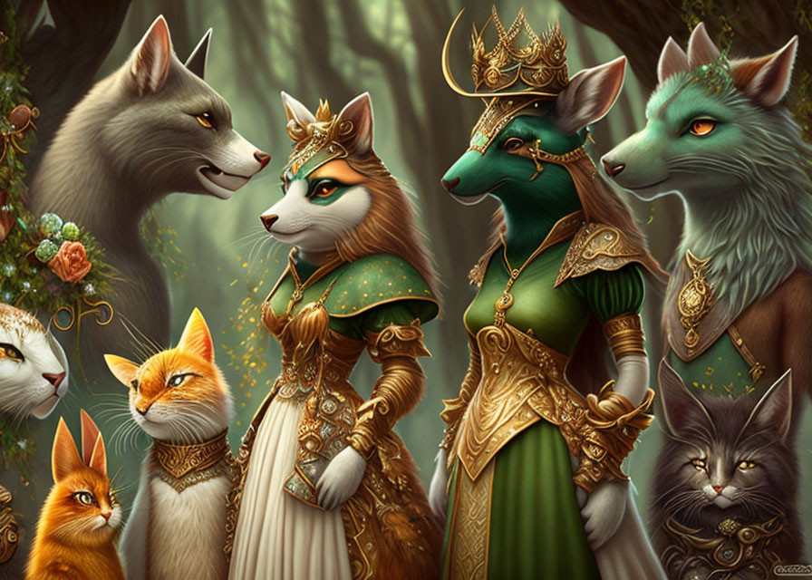 Anthropomorphic foxes in regal attire in mystical forest setting