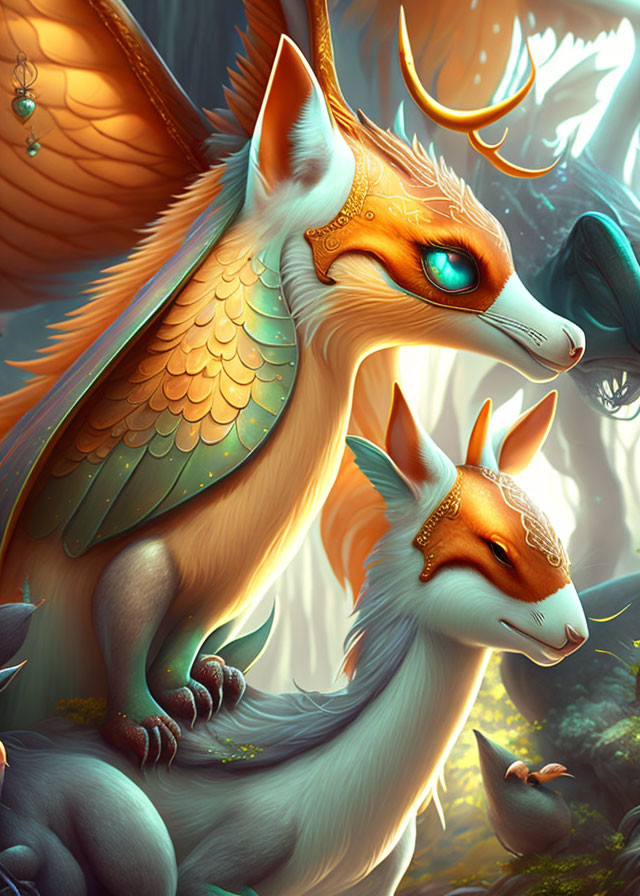 Illustration of mythical fox-like creatures with golden markings and wings in enchanted forest