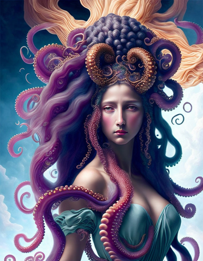 Surreal artwork: Woman with octopus tentacles and anemone hair in cloudy setting