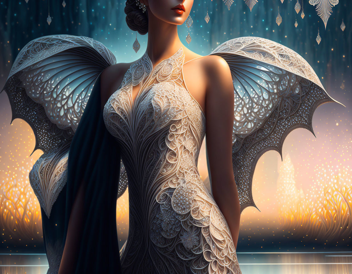 Woman with ornate angel wings in ethereal gown against sunset backdrop.